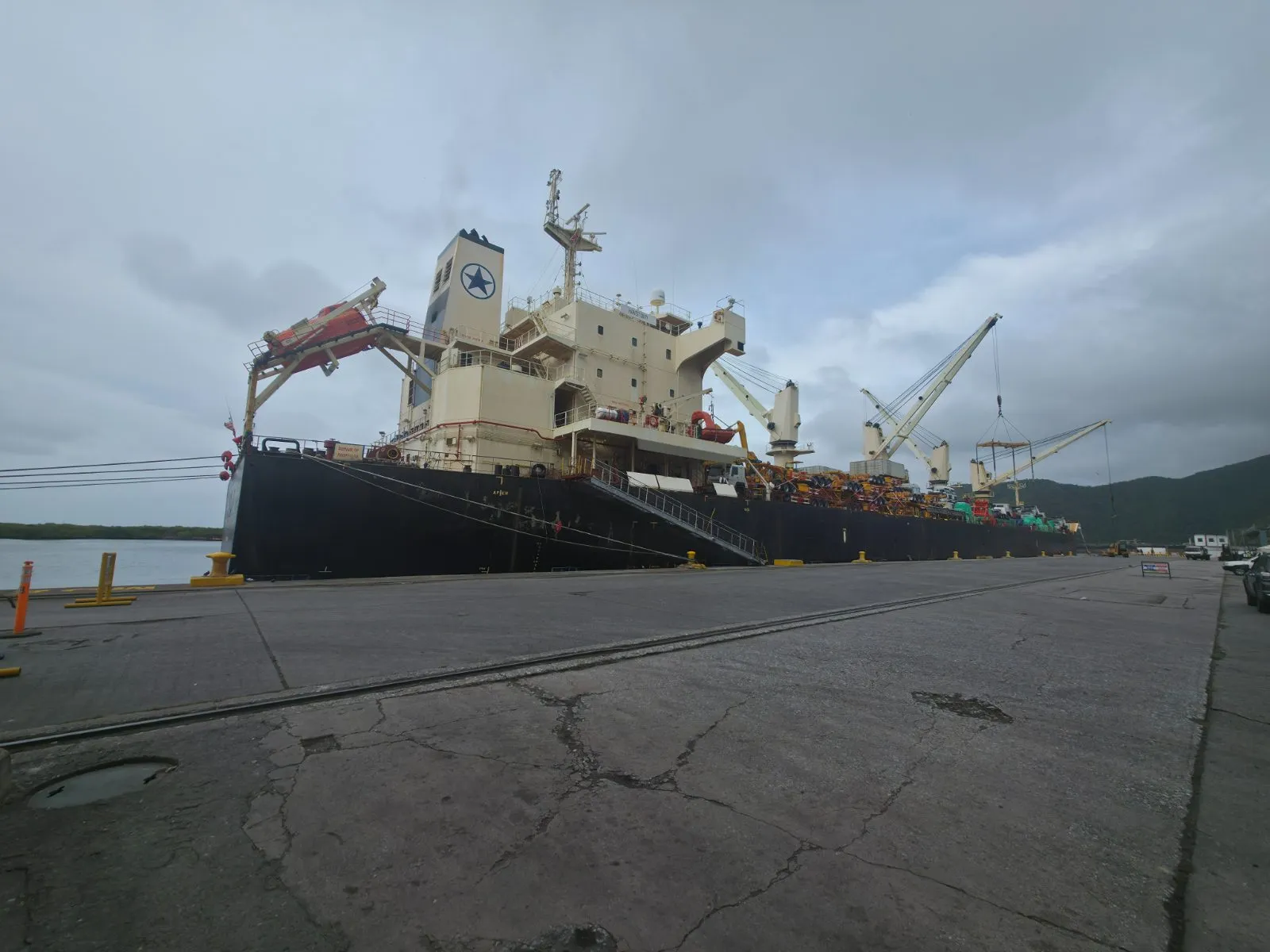 Buque de carga descargando vehículos pesados en Puerto Cabello